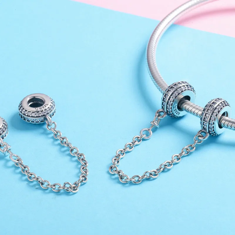 100% 925 Sterling Silver Pave Inspiration Safety Chain, Clear CZ