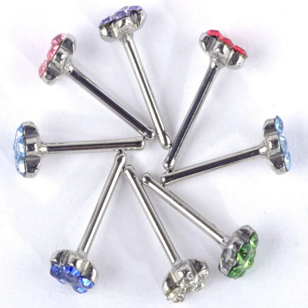 Women Fashion Style Stainless Steel Gems Nose Ring Flower Nose Bone Stud Ring Body Piercing Body Jewelry Wholesale 24 Pcs/1Box