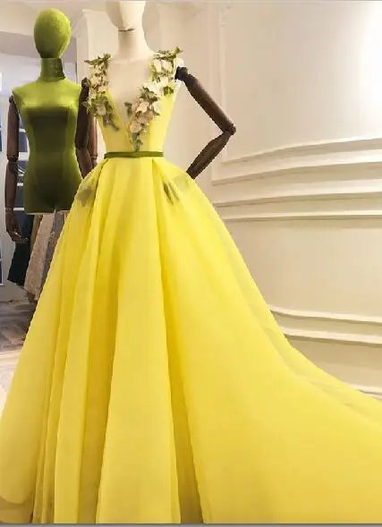 Blight Желтые Вечерние платья с объемным цветком, v-образный вырез, шнуровка, а-силуэт, Длинные вечерние платья, красивые вечерние платья, Vestido Longo Abendkleider - Цвет: Цвет: желтый
