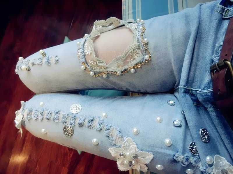 2016 сексуальные кружева ручной работы сверкающие бусины алмазные Стразы Гибридный гвоздь рваные узкие женские джинсы