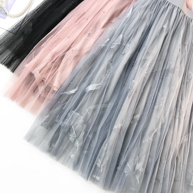 Женская юбка с вышивкой из перьев, украшенная бисером и сказочной сеткой, с высокой талией, длинная одежда, повседневная однотонная трапециевидная женская рубашка