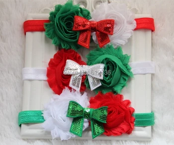 

3pcs/lot Red Green White Shabby Chic Flowers Sequin Bow FOE Flower Elastic Headband, Hair Accessoies Free Shipping