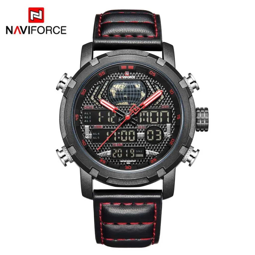 NAVIFORCE мужские s часы Топ бренд Роскошные спортивные часы для мужчин кожаный ремешок 30 м водонепроницаемый Miliary двойной дисплей наручные часы - Цвет: Black Red