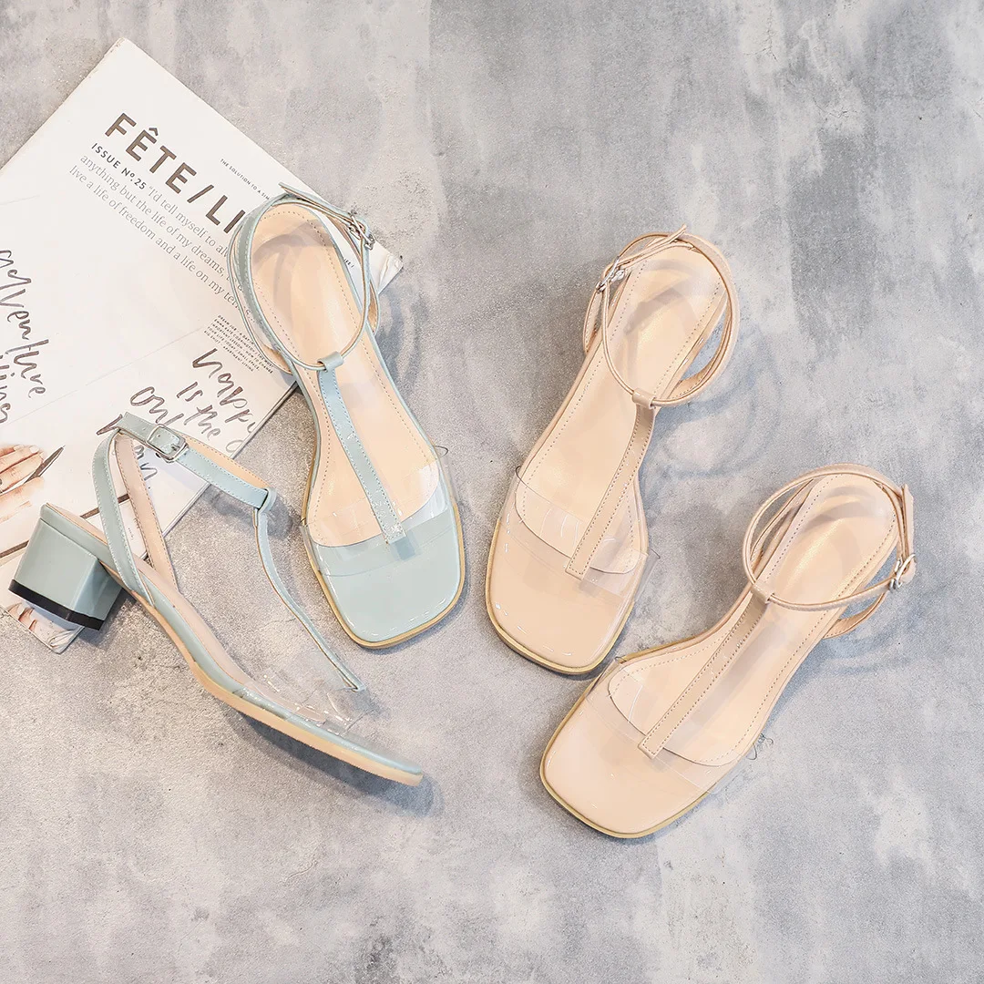 

Women Fashion Thick Heel Sandals Open Toe Transparent High Heels Lady T Stap Wedding Shoes