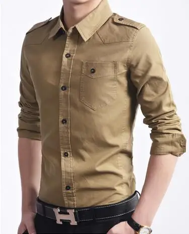 Мужская рубашка с длинными рукавами, рубашка в стиле милитари, мужская приталенная хлопковая Однотонная рубашка, Повседневная рубашка camisa masculina, большие размеры M-3XL - Цвет: khaki