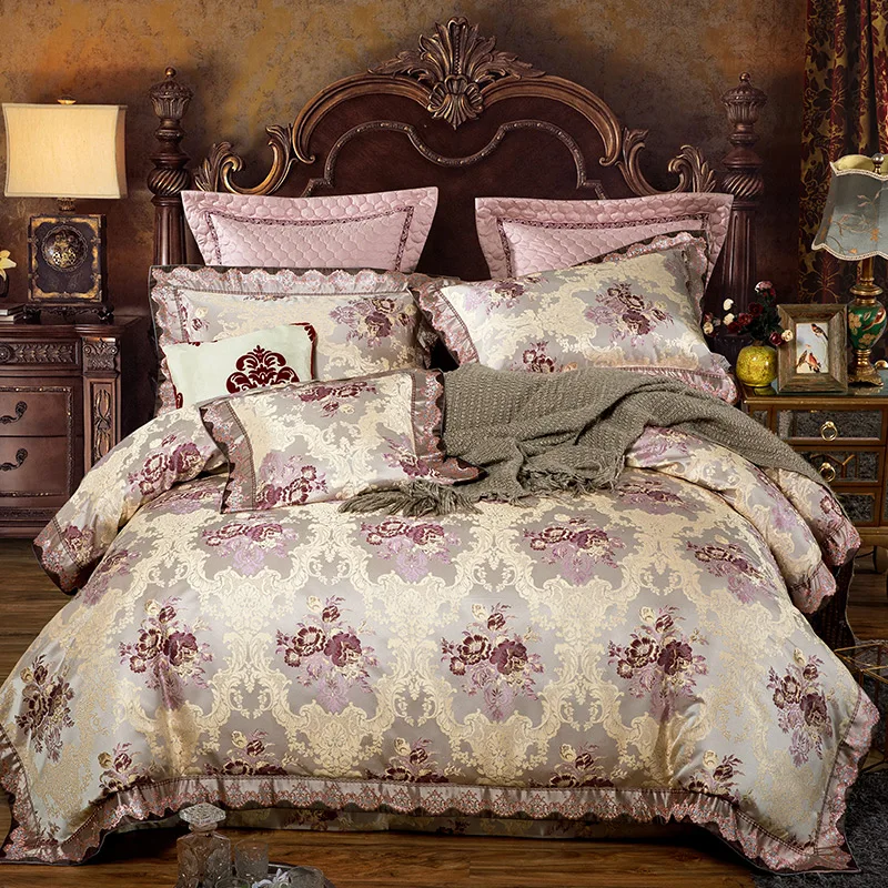 2018 Mauve Luxury Floral Bedding Set Silk Cotton Jacquard 4/6pc Queen