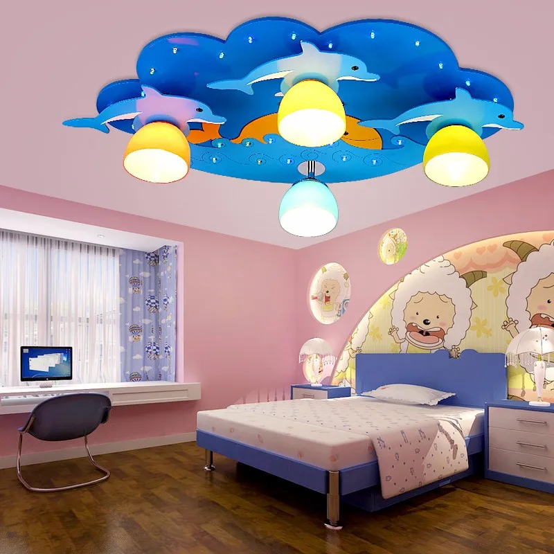 Детская Светодиодная лампа с дистанционным управлением, детский синий потолочный светильник, персональный детский потолочный светильник с дельфином, Деревянный светильник для мальчиков, спальни, CL042