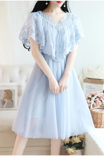 

Korean 2019 Sexy Mesh Women Dres Loose Lace Light Blue Dress Fashion V Neck A-line Mid-calf High Waist Vintage Dress