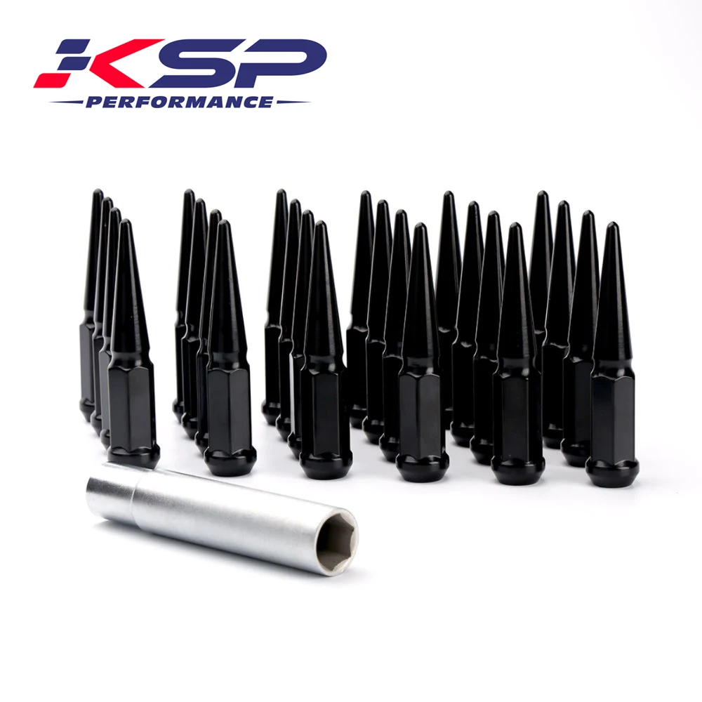 

KSP 24 Pc Spiked Solid Metal Lug Nuts M14x1.5 thread 4.4" Tall Closed End Bulge Acorn Spike Lug Nut and 1 long Socket Key For Af