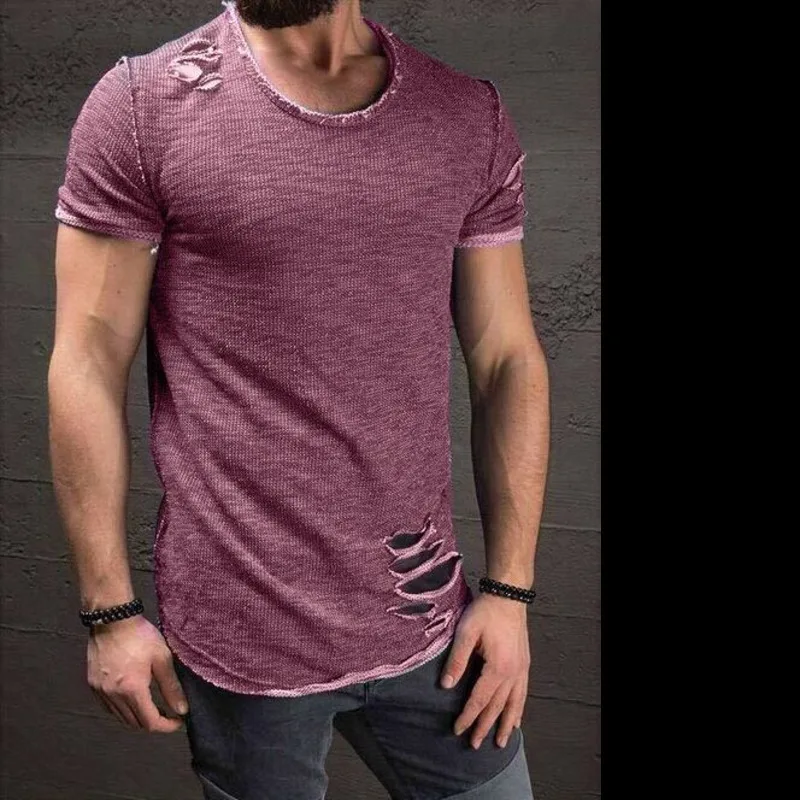 Рваные мужские повседневные футболки Homme Slim Fit с круглым вырезом, топ с коротким рукавом, хлопок, летние мужские Забавные футболки, модные футболки