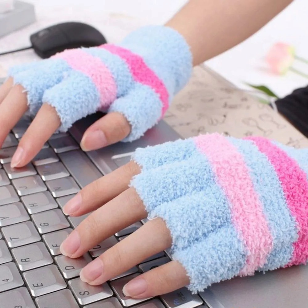 USB перчатки с подогревом Womern Полосатая Зимняя грелка для рук с подогревом митенки без пальцев для девочек плюшевые перчатки для пальцев# T1P
