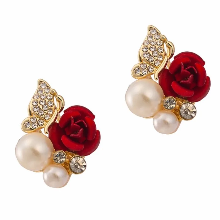 

1 Pair Stud Earrings for Women Crystal Rhinestone Vintage Red Rose Pearl Earings Wedding Fashion Jewelry Boucle Gift Earring