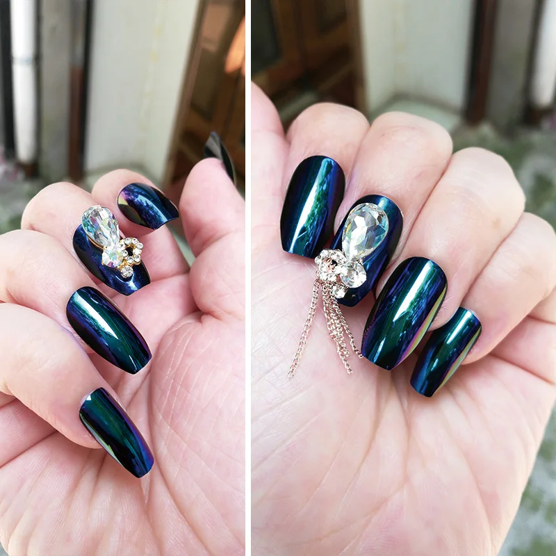 

Big crystal fake nails coffin style mirror press on nail tips free stickers