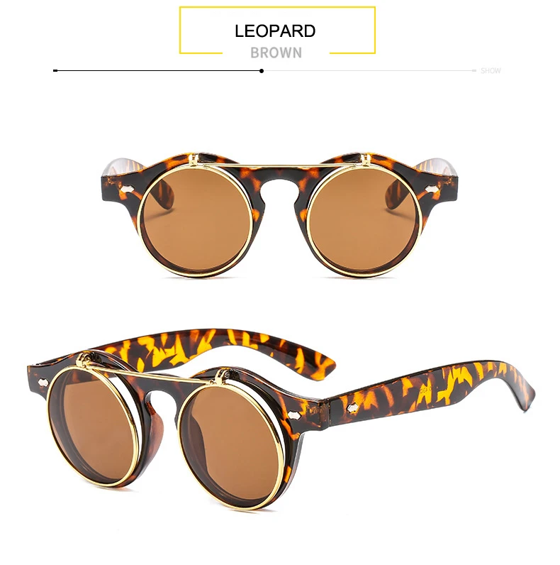 Стимпанк Солнцезащитные очки женские в стиле панк очки оправа двойной слой Флип Ретро Круглые Солнцезащитные очки анти-УФ для женщин и мужчин oculos - Цвет линз: Leopard