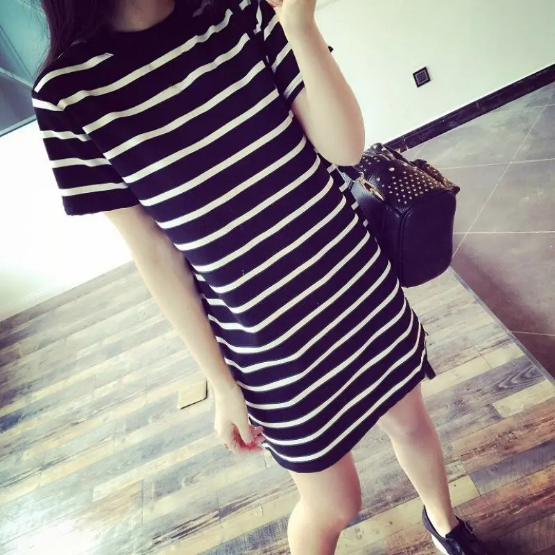 

Summer Women Striped Round Neck Mini Dress Female Casual Short Sleeve Vestidos PL3