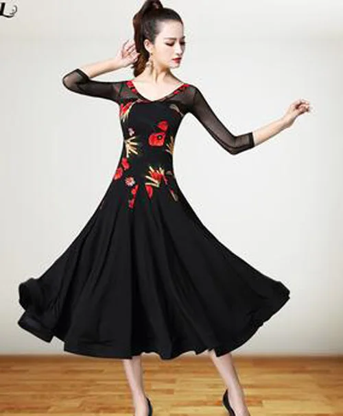 Новые женские современные танцевальные платья Национальный стандарт соревнование платье костюм Элитные Бальные платья - Цвет: black