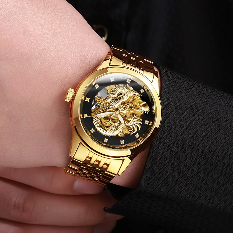 FNGEEN 3D резьба Скелет ремешок из нержавеющей стали прозрачный корпус полые золотые мужские часы лучший бренд класса люкс автоматические механические