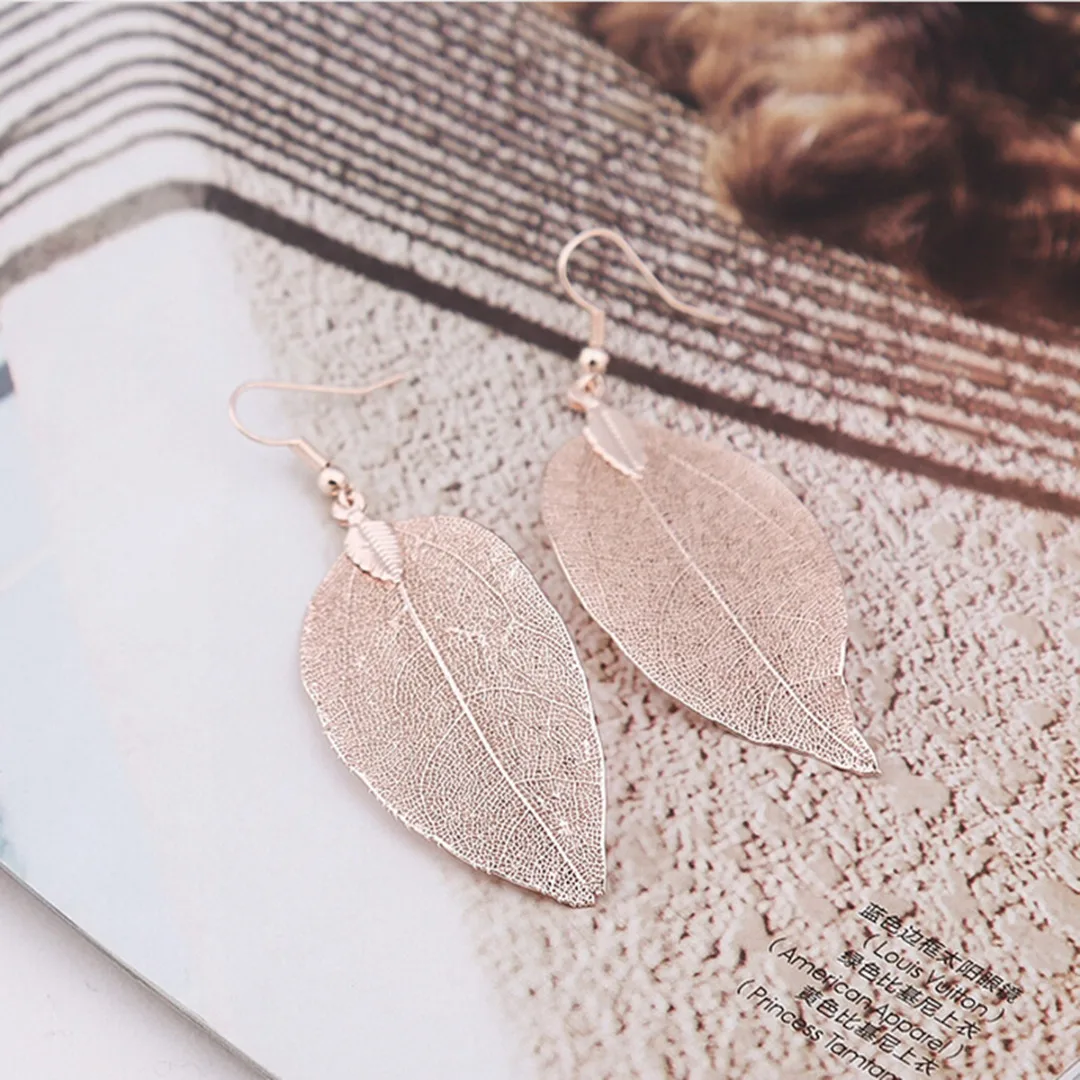 Vintage Leaves Earrings Necklaces Shellhard Long Natural Real Dipped Leaf Leaves Dangle Earring Ethic Women Jewelry 4Colors