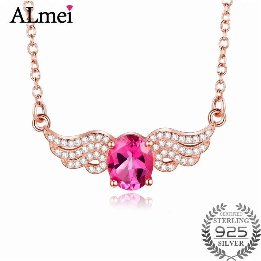 

Almei 2ct Red Topaz Women Angel Wings Pendant Necklace Silver 925 Rose Gold Color Plated Wedding Party Jewelry with Box 40%FN055