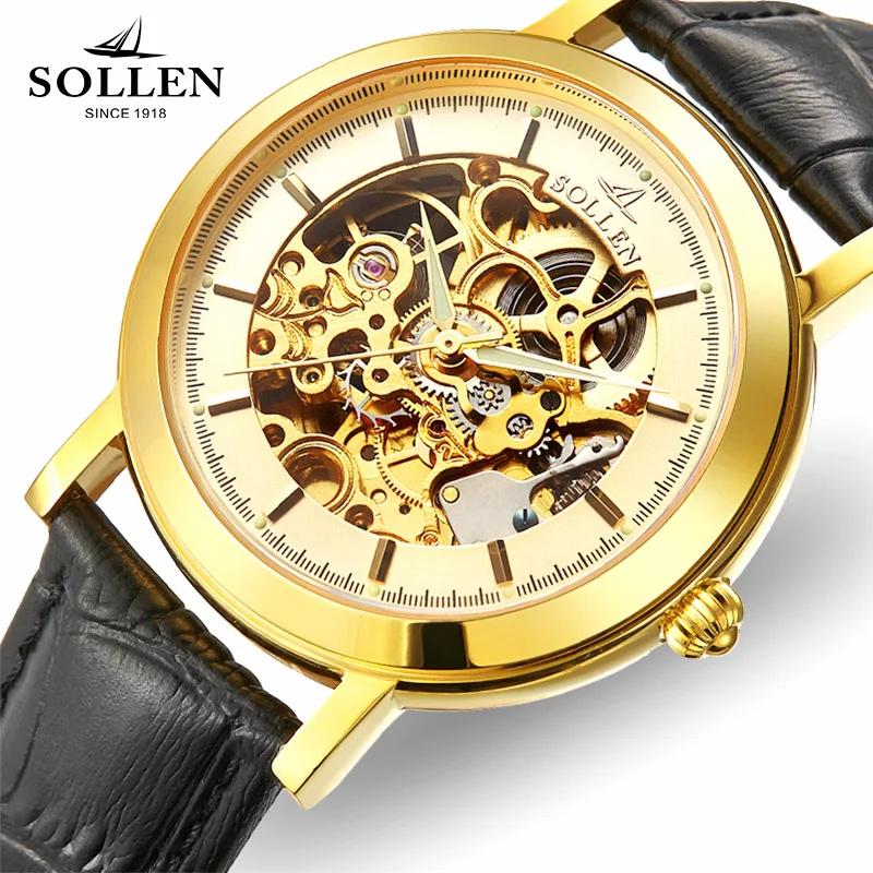 2017 New Fashion Men Mechanical Watch SOLLEN Top Brand Luxury Steel Automatic Classic Skeleton Wristwatch Real leather watch 2017 New Fashion Men Mechanical Watch SOLLEN Top Brand Luxury Steel Automatic Classic Skeleton Wristwatch Real leather watch