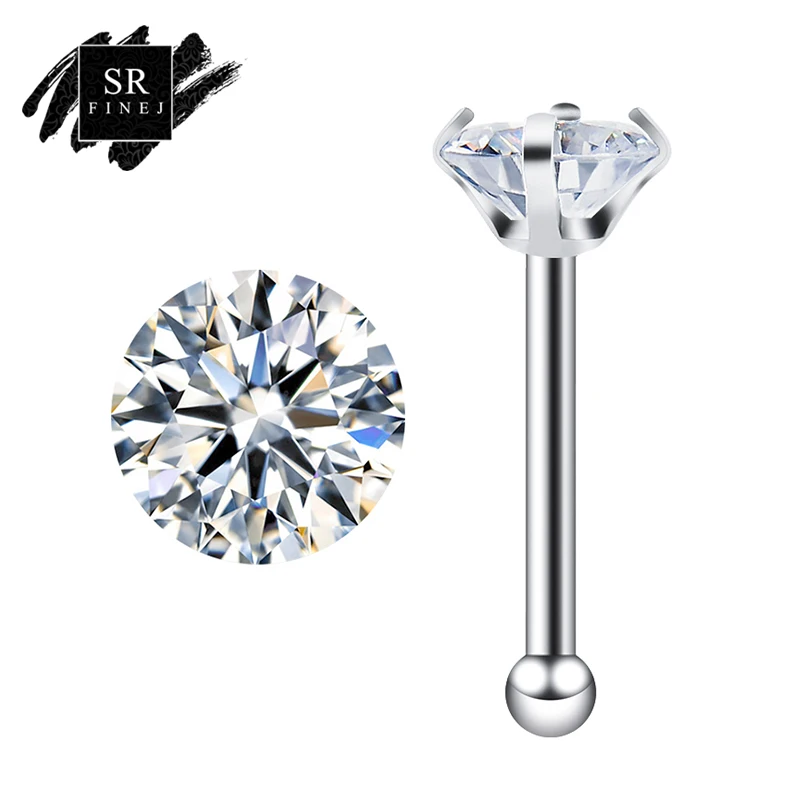 

SR:FINEJ Black Purple Blue Red Zircon Gem Bone Nose Stud Piercing Earring Anodized Sliver Color Nose Ring Bone CZ Nose Jewelry