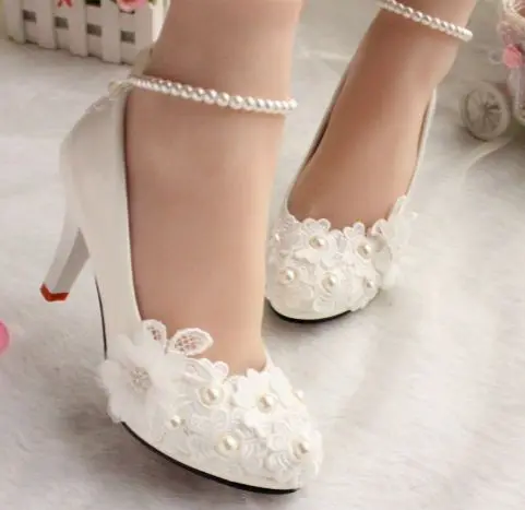 Wedding shoes for women new design ivory lace low high heels flowers pearls anklet woman bridal shoe dress proms party pumps