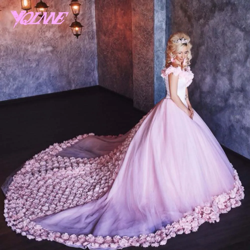 

YQLNNE 2018 Pink Wedding Dress Bridal Gown 3D Flowers Ball Gowns Off the Shoulder Tulle Lace-up Vestido De Noiva