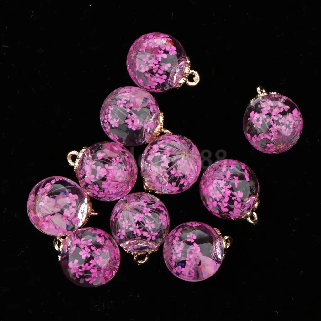 10pcs Dried Flower Glass Ball Pendant with Flower Cap DIY Earring Dangle Craft Findings Loose Beads