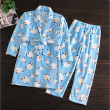 Зимний брендовый пижамный комплект Женский утепленный коралловый флисовый Пижамный костюм с поясом женский отложной v-образный вырез воротник халат+ брюки