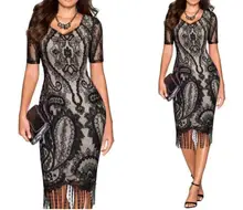 Women Summer Vintage 1920s Flower Lace Corchet Bodycon Fringe Hem Gatsby Flapper Dress O-Neck Short Sleeve Lady-Like Midi Dress flower print fringe hem kimono
