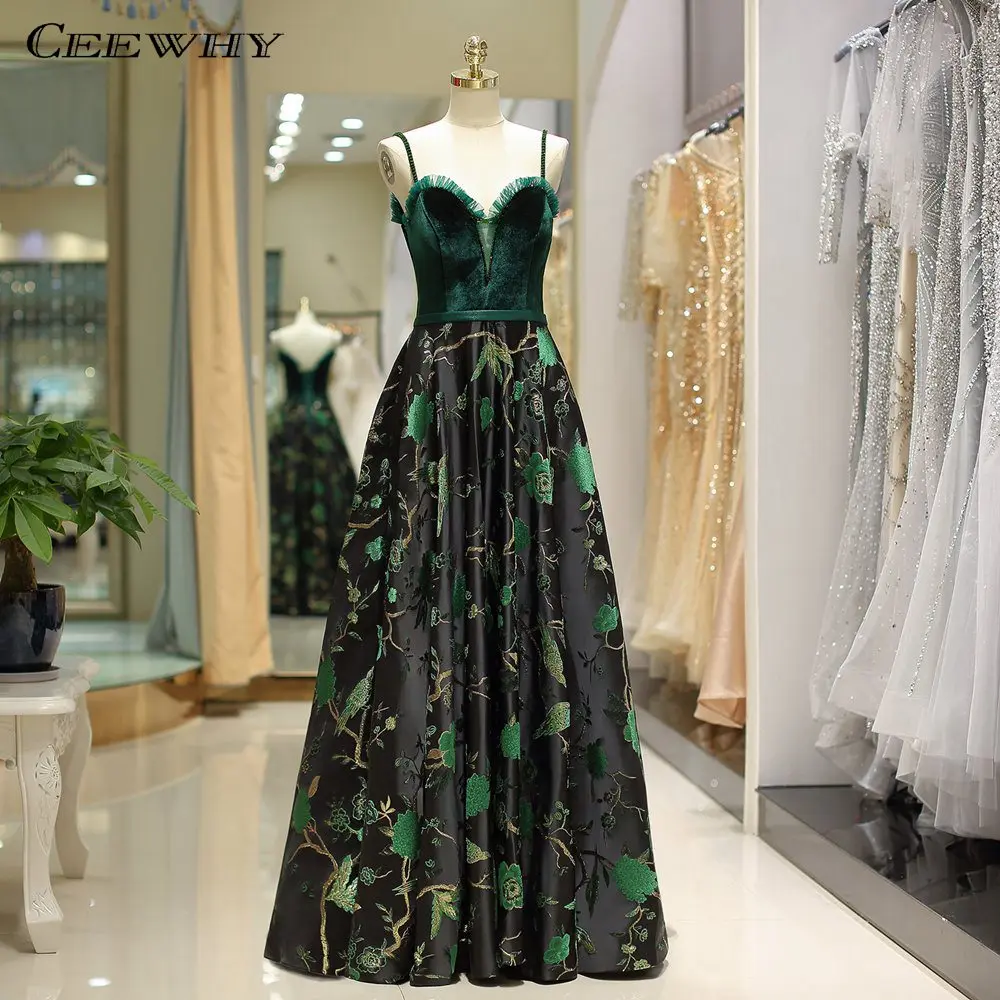 CEEWHY Off Shoulder Green Evening Gown Embroidery Prom Dress Vintage