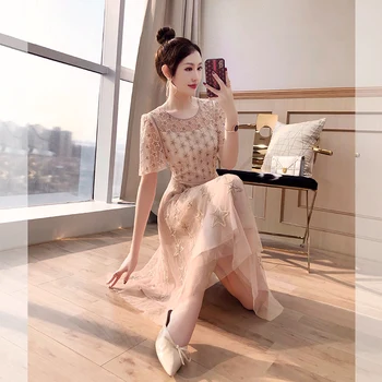 

Hot Sale 2019 Dress Sexy Fashion Pink Short Mesh Embroidery Women Beading O Neck Night Club Body con Party Dresses Wholesale