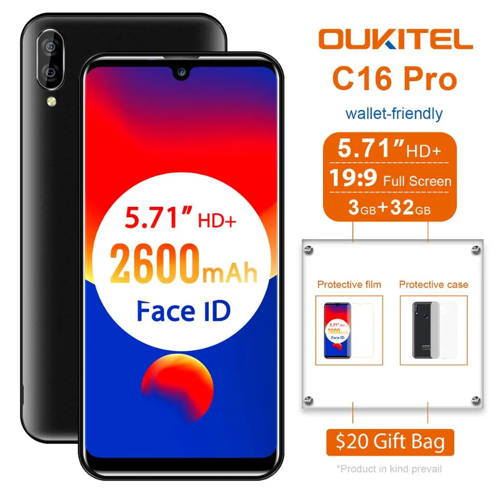 

OUKITEL C16 PRO 5.71HD+ Waterdrop Screen 4G Smartphone MT6761P Quad Core 3GB 32GB Android 9.0 Pie Face ID Mobile Phone