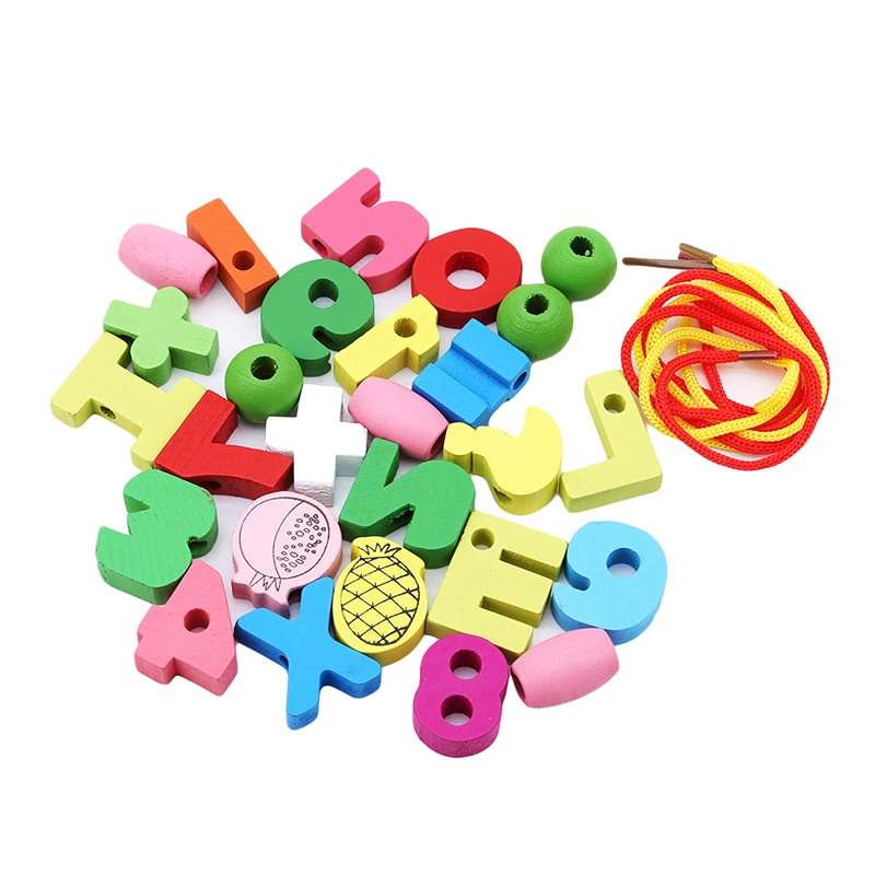 Hot Cartoon Block Stringing Threading Beads Game Educational Toy Wooden