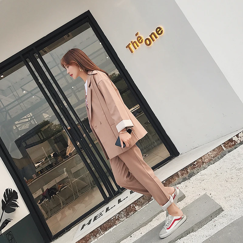 Spring autumn pant Suits Female 2 pieces set Casual Long blazer Jacket Loose Korean of office women clothes coat two pieces suit