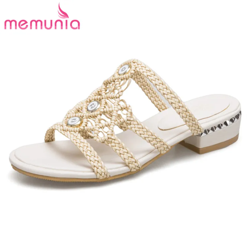 

MEMUNIA 2018 ethnic style summer shoes woman mules square heels shoes beige apricot color wedding party women sandals