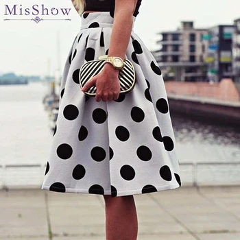 

2018 Women Black & White Casual Polka Dots Printed Flared Tutu Circle Pleated Midi Skater Skirts High Waist Summer Vintage Skirt