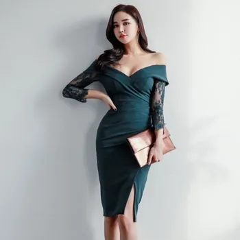 

Women Sexy Slash Neck Bodycon Pencil Dress Lace Sleeve Office Lady Wrap Dresses Elegant Knee Length Low Cut Business Party Dress