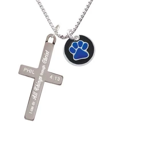 Navy Blue Paw on Black Disc - I Can Do All Things - Cross Necklace (1)