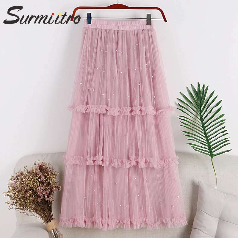

Surmiitro Long Beading Cake Tulle Skirt Women 2019 Spring Summer Fashion Korean A-line Pleated High Waist Pink Sun Skirt Female