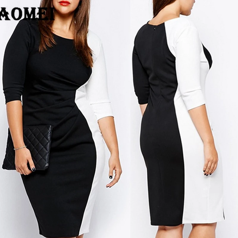 

Women Autumn Slim Dress Black White Patchwork Contrast Color Officewear Clothing Vestidos Dresses Female Bodycon Femme Gown Robe