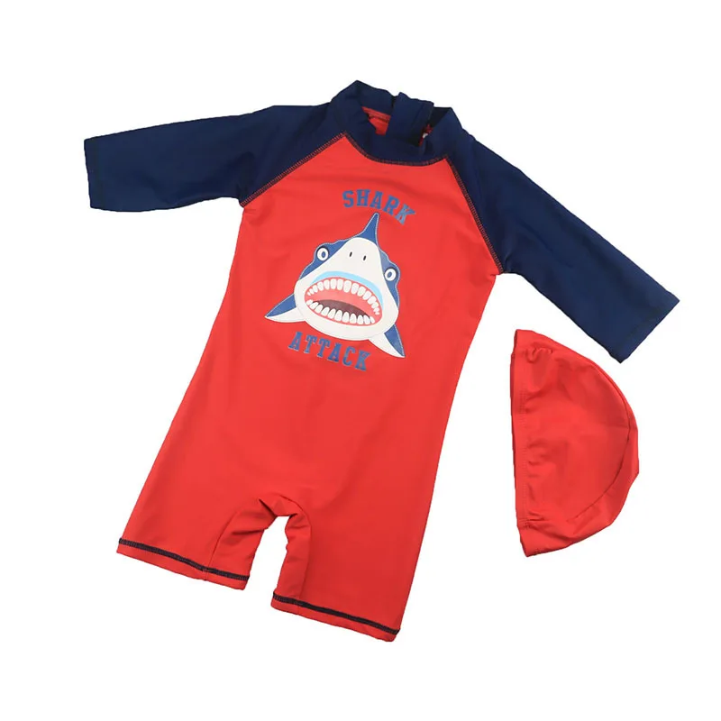 

One-Piece Boys Red Swimwear Surfing Clothing Beach Bathing Suit Long Sleeve Shark Print Swimsuit Baby Children Swimwear Kids