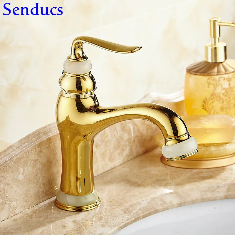 Senducs Gold Jade Stone Bathroom Basin Faucet European Style Hot Cold Mixer Tap | Обустройство дома