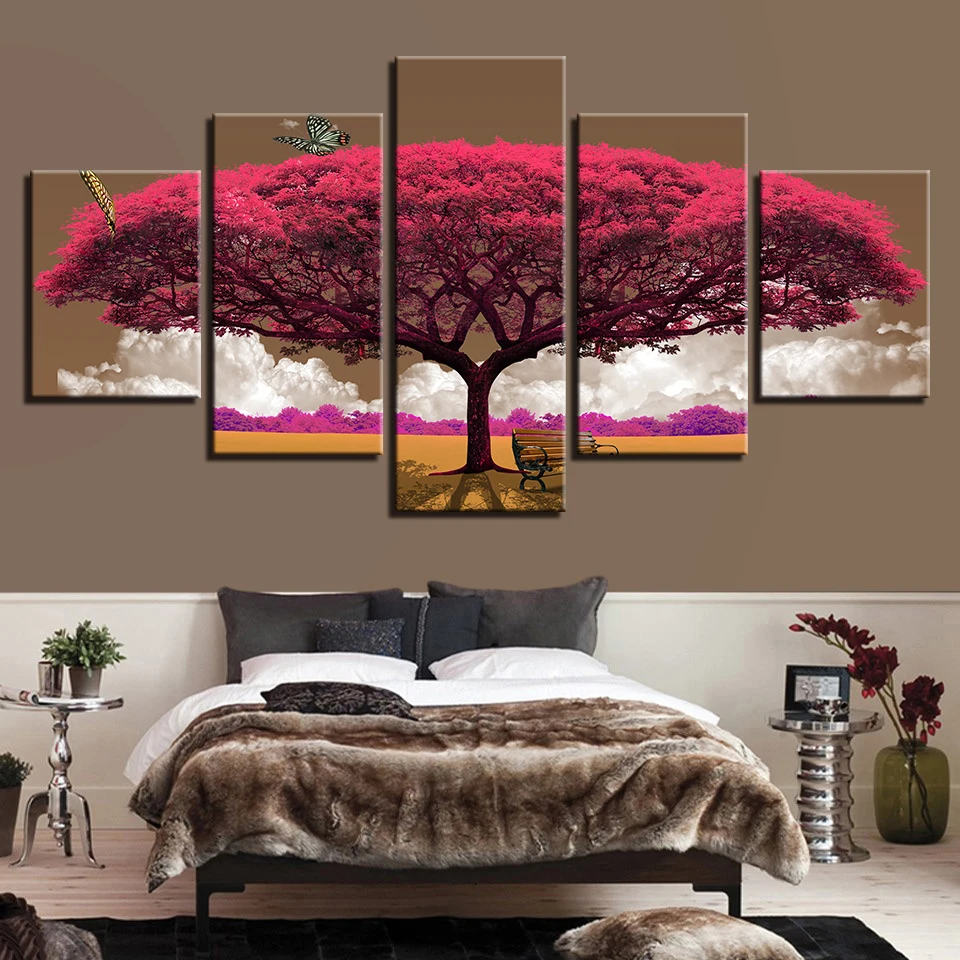 

Wall Art Painting Modular Pictures Framework 5 Piece/Pcs Pink Tree Landscape Home Decor Living Room HD Printed Modern Canvas