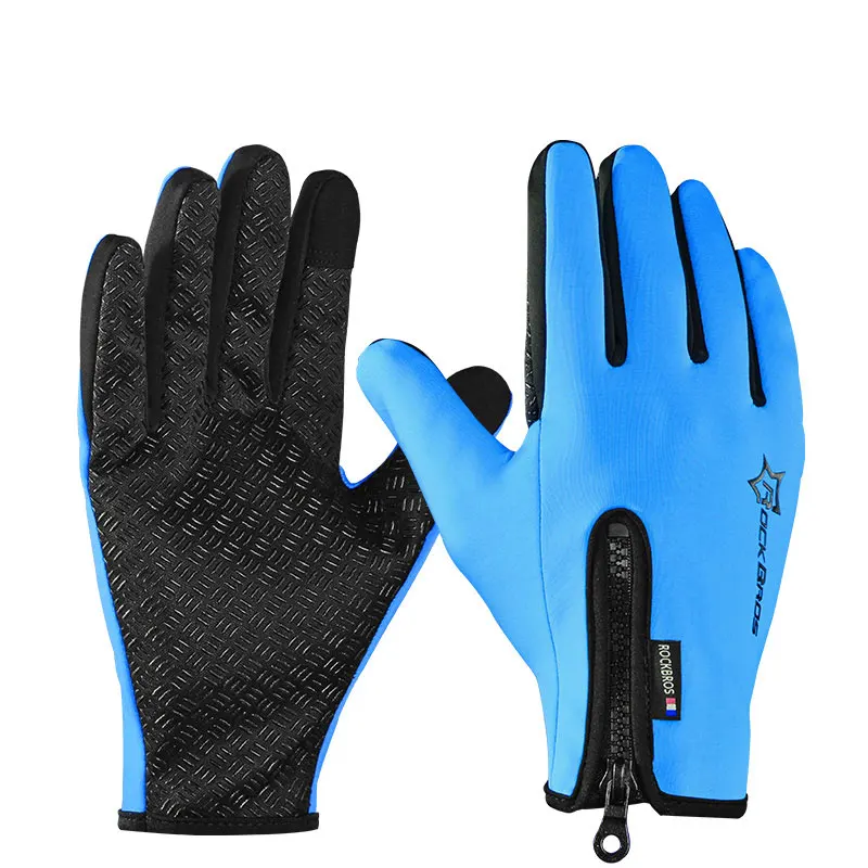 ROCKBROS Спорт на открытом воздухе лыжные перчатки полный палец перчатки для велоспорта MTB велосипед, перчатки, гель-коврик перчатки велосипедные аксессуары - Цвет: Синий