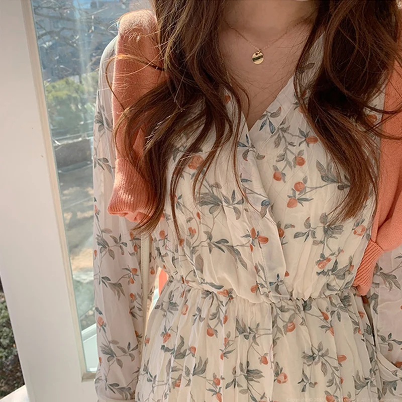 BGTEEVER Elegant Ruched Floral Print Women Summer Dress Sexy V-neck Full Sleeve Female Long Dresses 2019 Summer Chiffon Vestidos