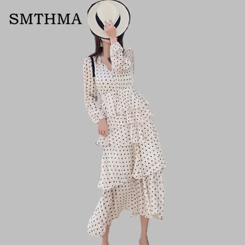 

SMTHMA High quality New Fashion Runway 2019 Designer Long Dress Women's Long Sleeve Ruffle Dot Bohemia Dot Dress