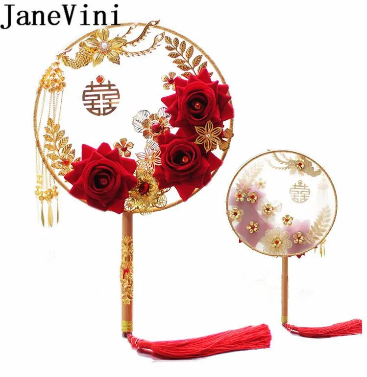 JaneVini элегантный китайский свадебный веер с ювелирными жемчужинами искусственный шелк картина из 3 частей Свадебный букет невесты Свадебные аксессуары