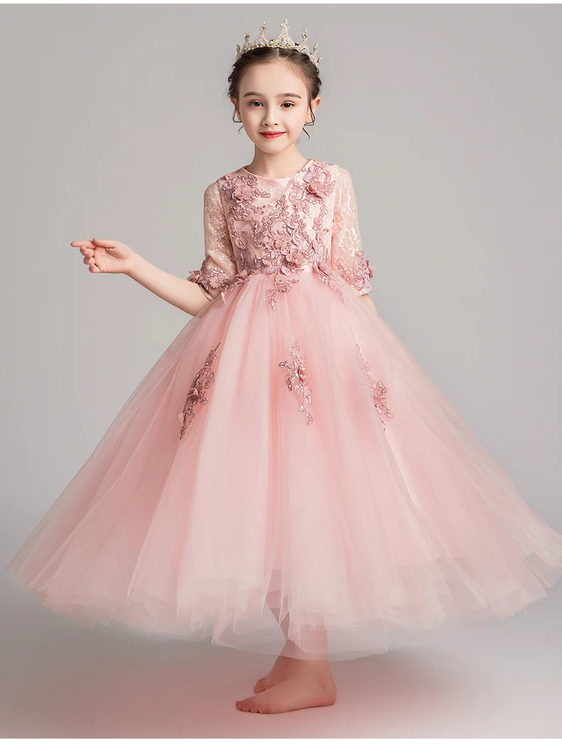 

Flower Girl Bead Decoration Long Dress Half Sleeve Girl Wedding Party Princess Gowns Beauty Pageant Off Shoulder Communion Dress