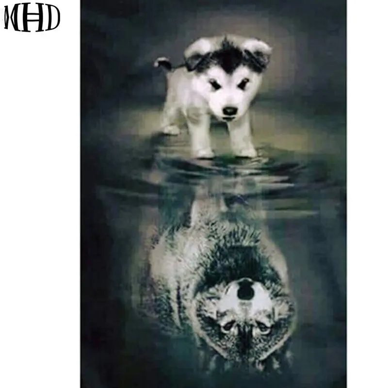 

MHD Free Shipping 3D Diamond Painting Dogs & Reflections Round Diamond Cross Stitch Round Drill Semi-finished Frameless Drawings